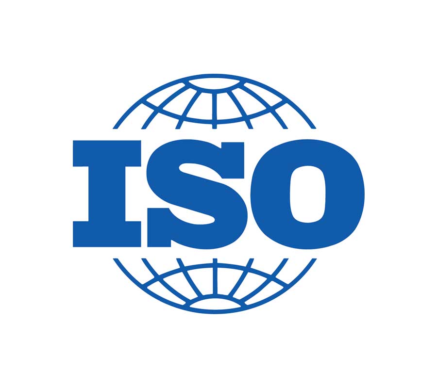 Blue ISO badge in front of a Globe