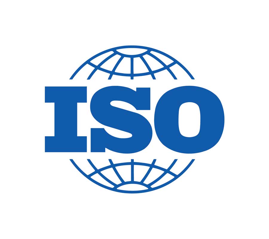 Blue ISO badge in front of a Globe