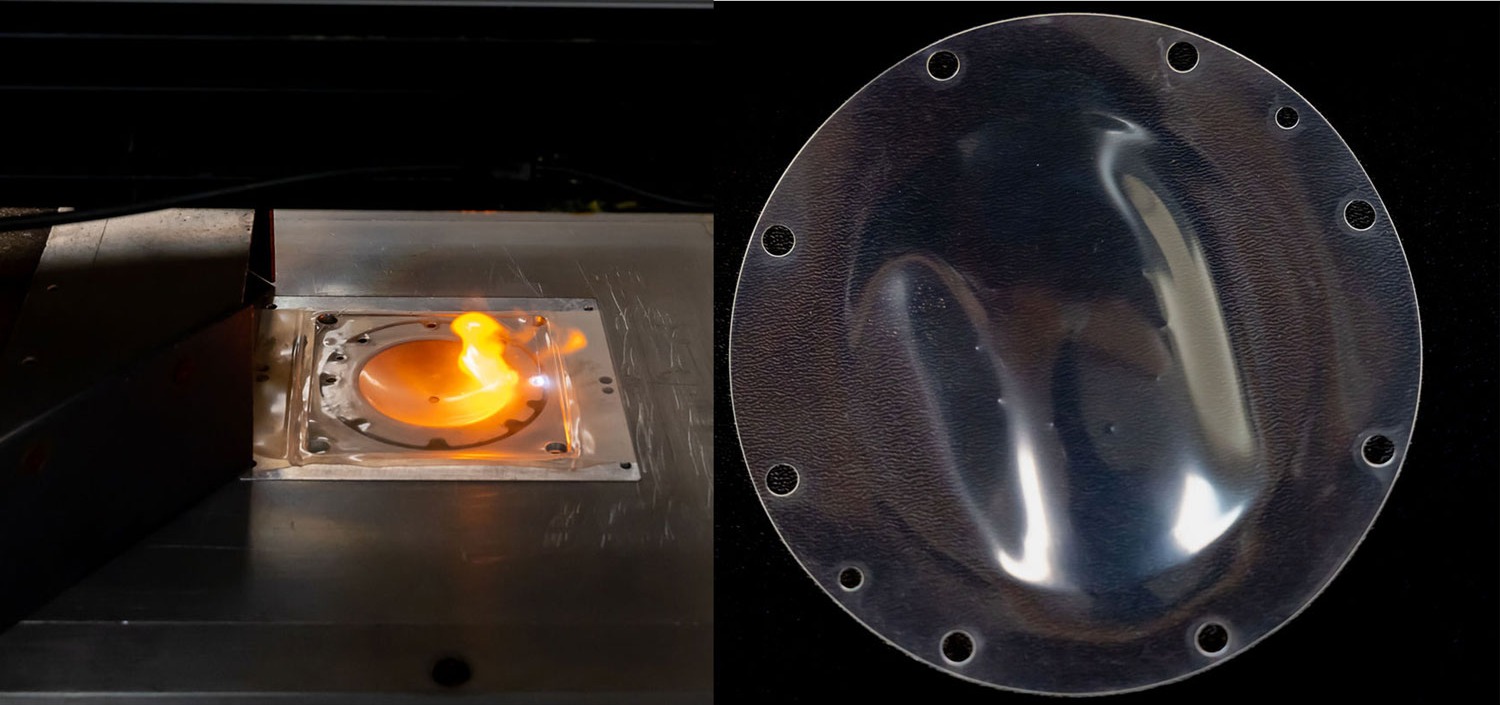 Side by side image of a thermoformed film being set on fire during CNC process and the finished product